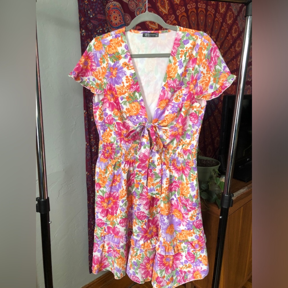 Tie-Front Floral Midi Dress in Pink, Orange & Purple
